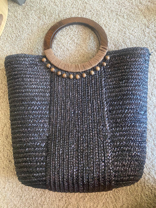 Large black wicker bag/brown beads