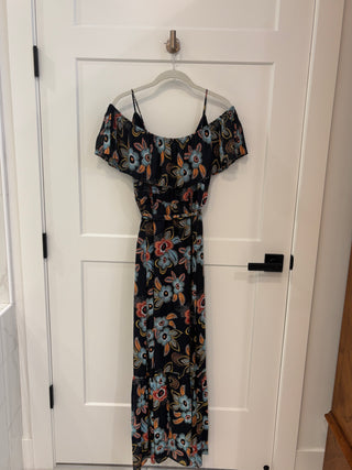 Black, Multi Color Print, Off Shoulder Maxi Dress. Size XS
