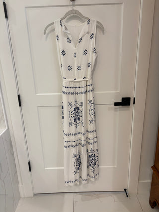 White & Navy Print, Sleeveless, Maxi Dress, Size Small
