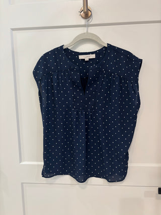 Navy Polka Dot Sleeveless Blouse, Size Small
