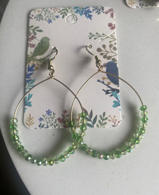 Lime green/gold beaded dangly hoop earrings