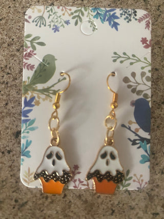 Black/orange/white ghost dangly earrings
