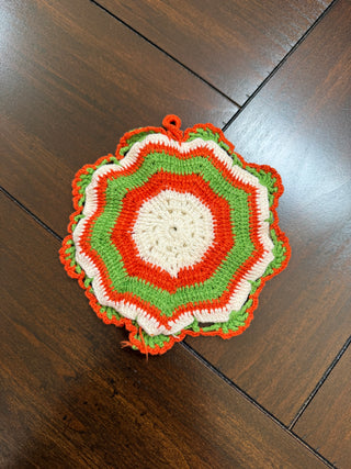 Vintage Round Crocheted Potholder Orange and Green