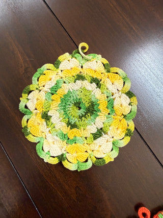 Vintage Round Crocheted Potholder Yellow and Green