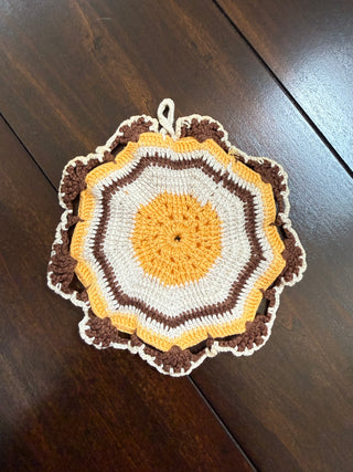 Vintage Round Crocheted Potholder Orange and Brown