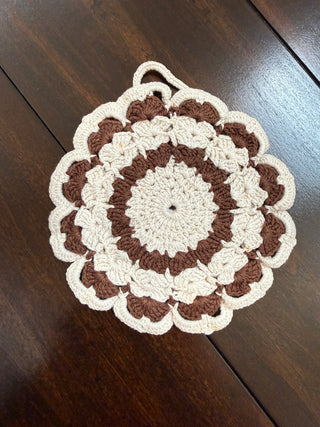 Vintage Round Crocheted Potholder White and Brown