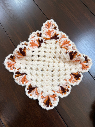 Vintage Square Crocheted Potholder with Pocket White and Brown