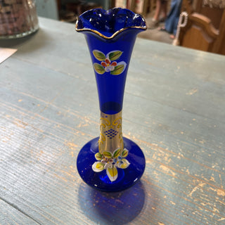 8" Cobalt Blue Vase w/ Gold, Enamel Flowers--KL
