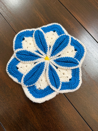 Vintage Flower Crocheted Potholder Trivet Blue and White