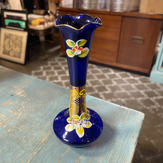 8" Cobalt Blue Vase w/ Gold, Enamel Flowers--KL