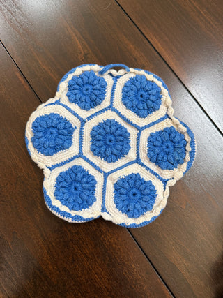 Vintage Hexagon Crocheted Potholder Blue and White Flower