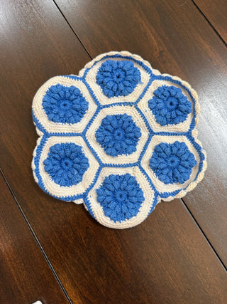 Vintage Hexagon Crocheted Potholder Blue and White Flower