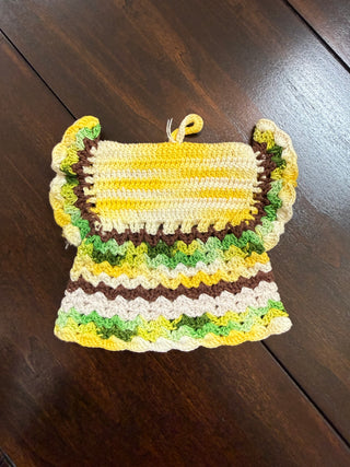 Vintage Dress Potholder Crocheted Yellow and Green