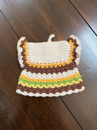 Vintage Dress Potholder Crocheted White and Brown