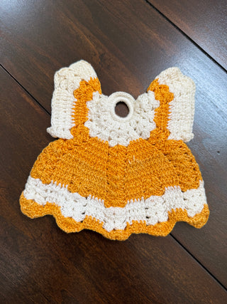Vintage Dress Potholder Crocheted Orange & White