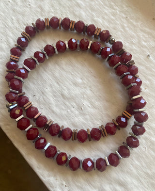 Burgundy/gold/silver beaded bracelets, set of 2