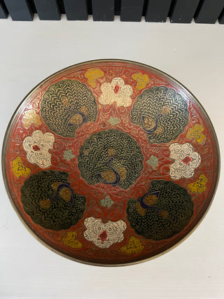 Vintage enamel brass peacock bowl