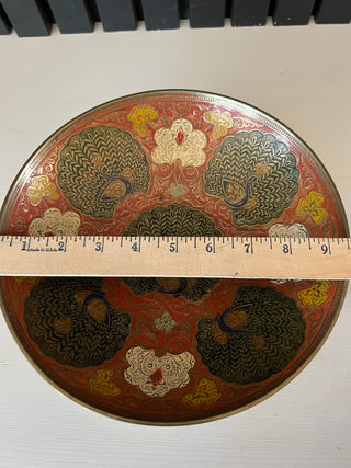 Vintage enamel brass peacock bowl