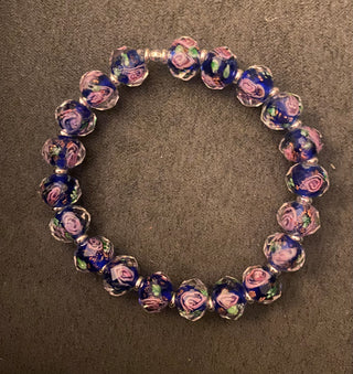 Dark blue/pink rose/silver beaded bracelet