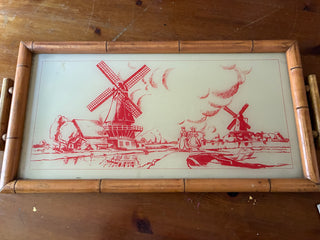 Vintage Bamboo Serving Tray – Dutch Windmill Scene
