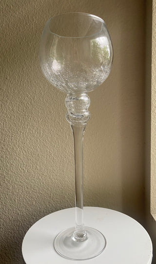 Rounded crackle glass stemmed candle holder