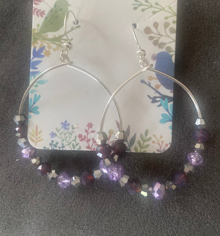 Purple/silver faceted beaded dangle hoop earrings