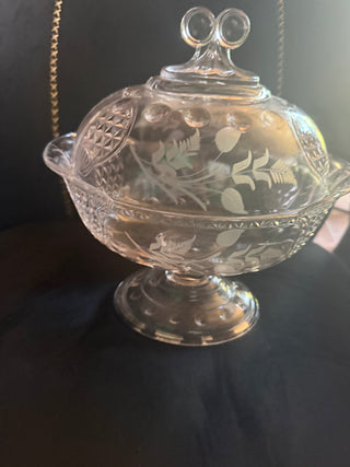 EAPG Etched Floral Cut Shield and inverted Thumbprint compote with lid VV