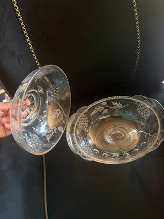EAPG Etched Floral Cut Shield and inverted Thumbprint compote with lid VV