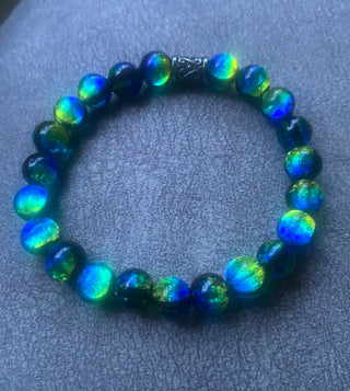 Blue/green luminous glass beaded bracelet