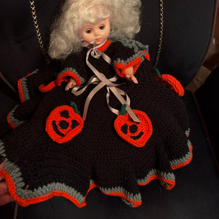 Vintage Halloween Witch Bed Doll Crotchet Afghan Knit Style Jack O Lantern HandMade