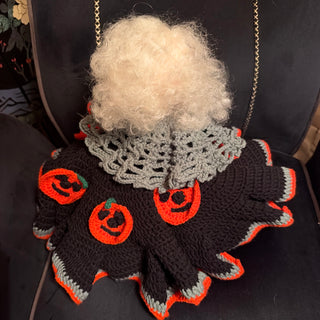 Vintage Halloween Witch Bed Doll Crotchet Afghan Knit Style Jack O Lantern HandMade