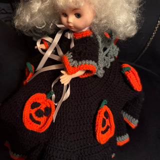Vintage Halloween Witch Bed Doll Crotchet Afghan Knit Style Jack O Lantern HandMade