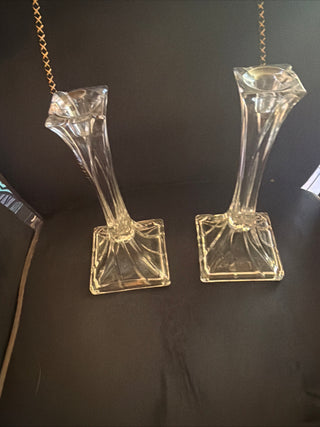 Tuscany Heavy Lead Crystal Candlesticks Tall Candle Holders Clear Modern 10" VV
