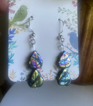 Dark colored two-tier abalone leaf dangle earrings