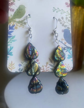 Dark colored three-tier abalone leaf dangle earrings