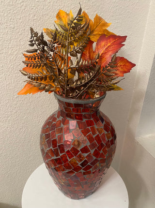 Red mosaic vase with fall leafy decor