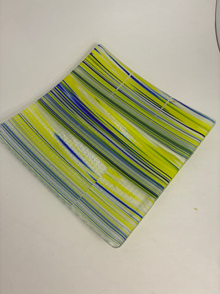 Fused Art Glass Dish, Chartreuse & Cobalt Stripe