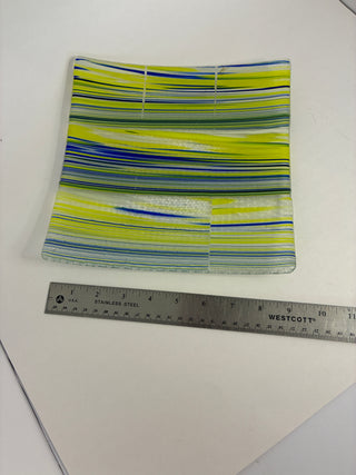 Fused Art Glass Dish, Chartreuse & Cobalt Stripe