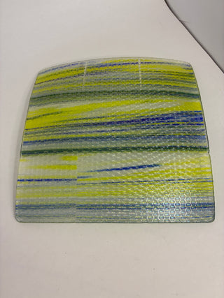 Fused Art Glass Dish, Chartreuse & Cobalt Stripe