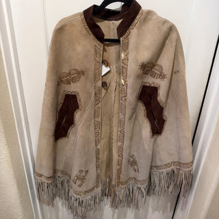 Vintage HAND TOOLED ONE OF A KIND LEATHER FRINGED PONCHO WESTERN COWBOY DUSTER