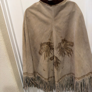 Vintage HAND TOOLED ONE OF A KIND LEATHER FRINGED PONCHO WESTERN COWBOY DUSTER