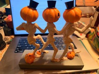 HTF Dancing Skeletons with Jack o lantern Heads and Top Hats Halloween Decor