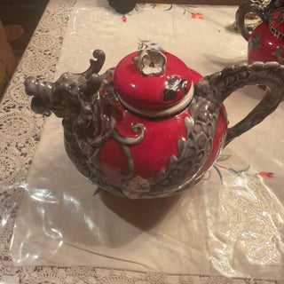 Blue Sky signed Heather Golminc ornate ceramic Dragon Teapot Red White VV