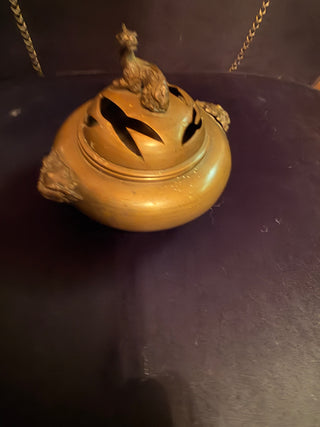 Antique Chinese Brass dragon  or dog lidded and footed censer incense Burner