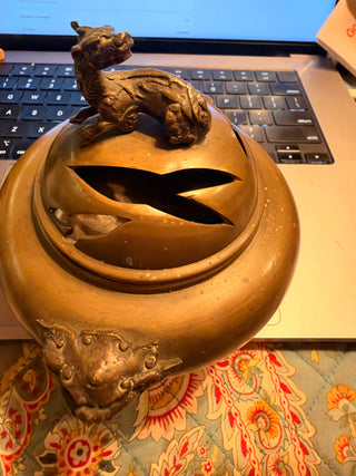 Antique Chinese Brass dragon  or dog lidded and footed censer incense Burner