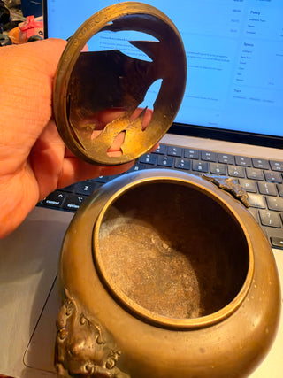 Antique Chinese Brass dragon  or dog lidded and footed censer incense Burner