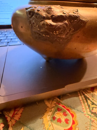 Antique Chinese Brass dragon  or dog lidded and footed censer incense Burner