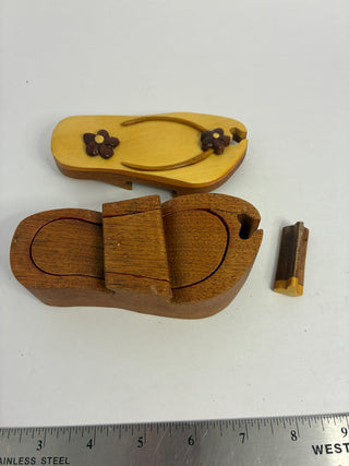 Wooden Flip-Flop Puzzle Trinket Box — Inlaid Flowers, Red Velvet Interior
