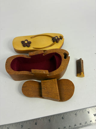 Wooden Flip-Flop Puzzle Trinket Box — Inlaid Flowers, Red Velvet Interior