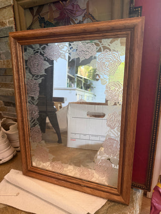 Framed mirror with a frosted rose floral design